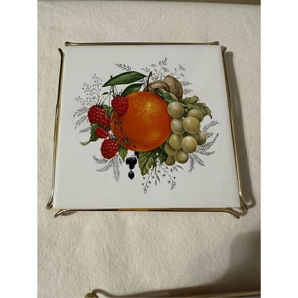1970 Vintage Fruit Ceramic Tile Framed Artwork Trivets Set of 3 - Picture 3 of 8